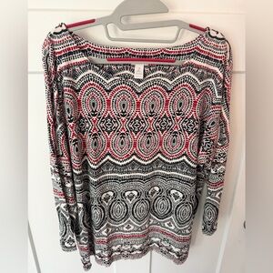 Chicos Size 2 Geometric Print Top Red Black Stretch Knit Blouse